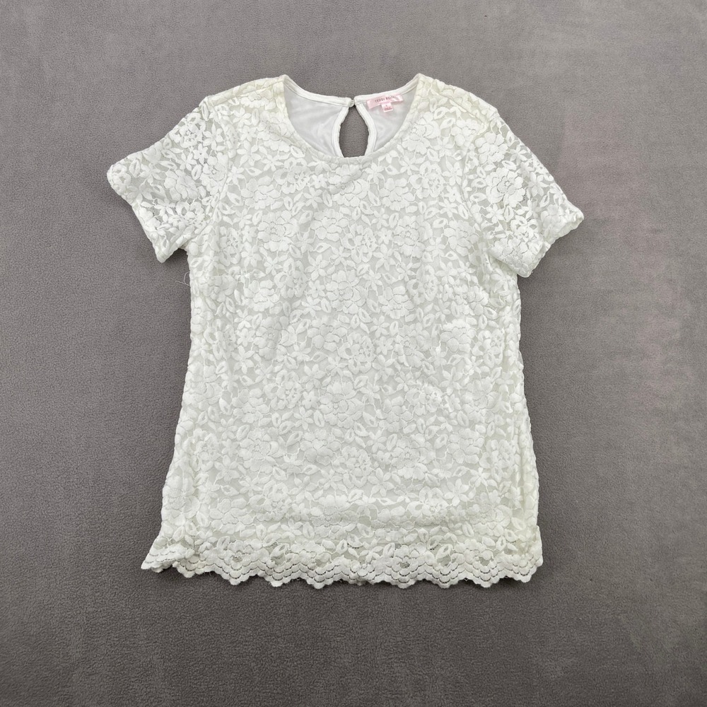 Teddi Rose White Floral Lace Short Sleeve Top Keyhole Back Fairycore Large
